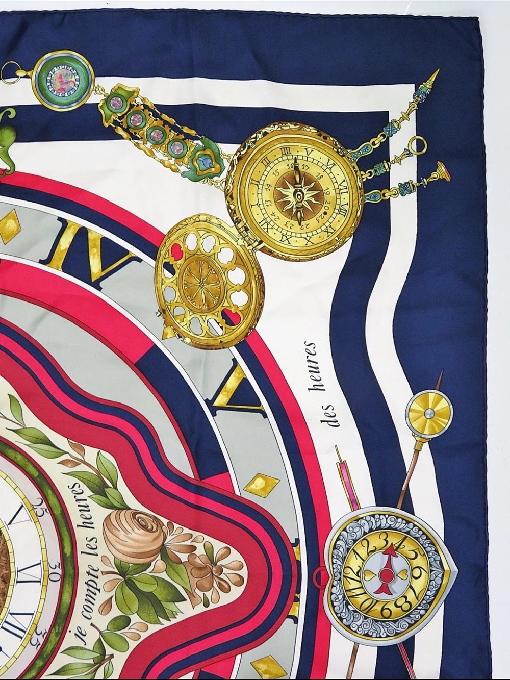 Hermès Navy, Red, Pink & Gold Clock Motif Silk Scarf - Picture 3 of 13